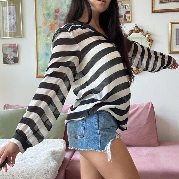 Black & White Striped Silk Longsleeve Top - Picture 4 of 7